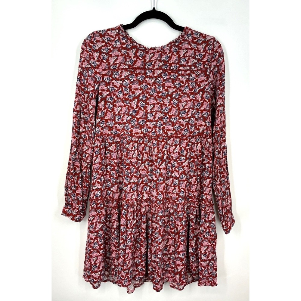 Knox Rose Red Paisley Floral Tiered Babydoll Long Sleeve Mini Dress Peasant Boho